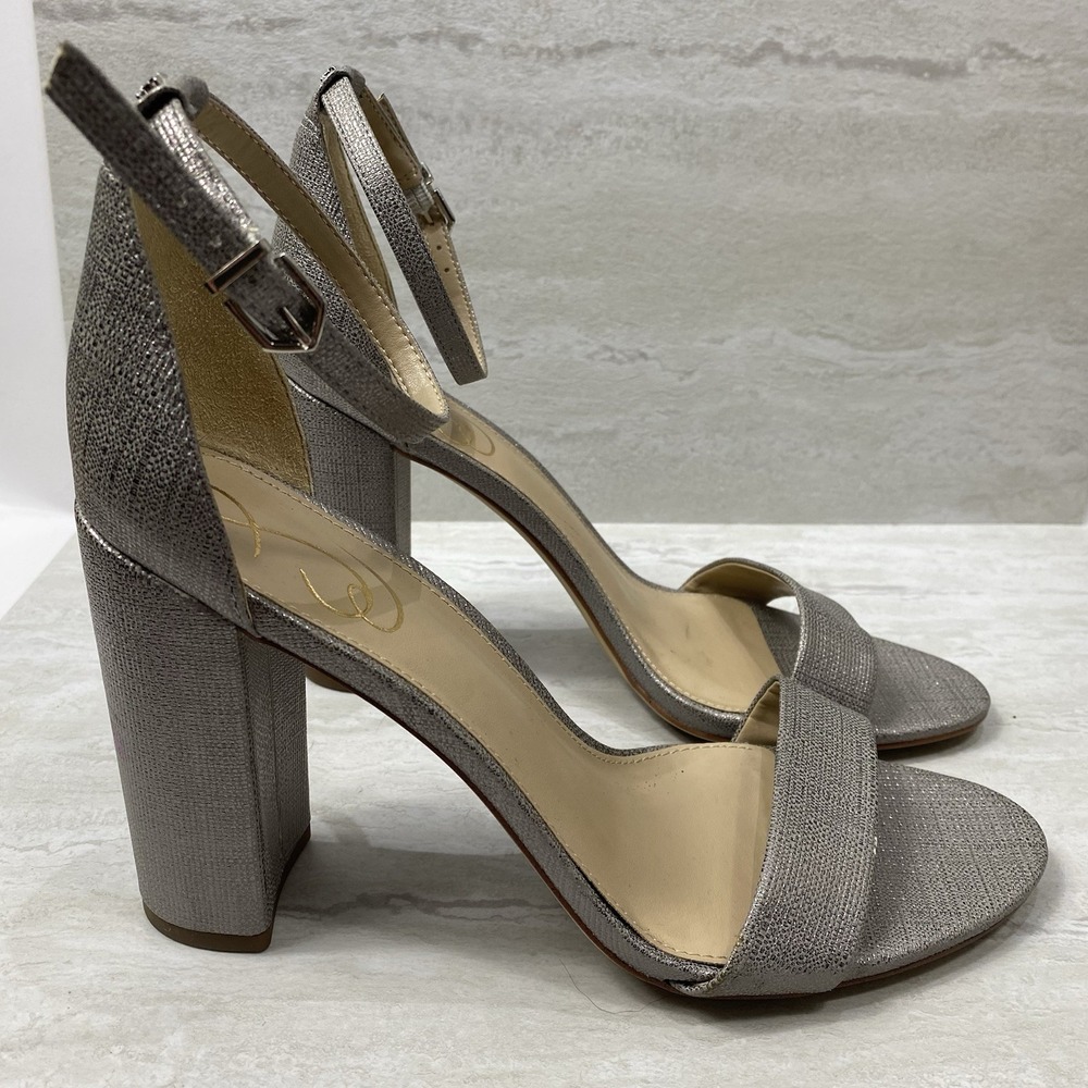 Sam Edelman Yaro Silver Metallic Textured Block Heel Ankle Strap Sandal Size 9.5